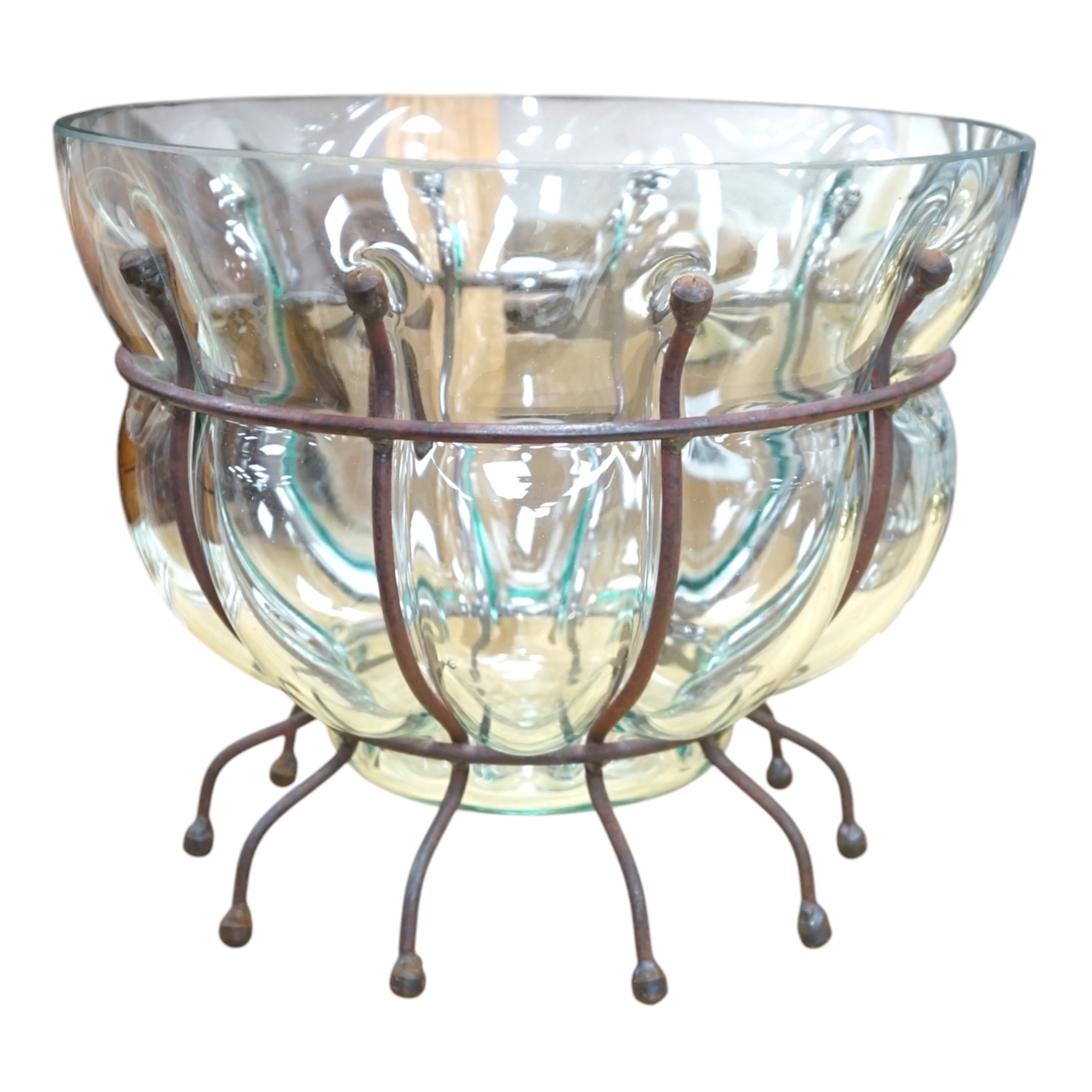 A glass vase and a similar bowl with wrought iron stand, vase 38cm high. Condition - good